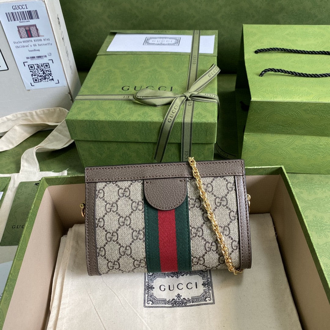 gg Ophidia Mini Shoulder Bag Beige/Ebony gg Supreme Canvas Green And Red Web Detail Brown For Women 7.5in/19cm gg 602676 K05NB 8745