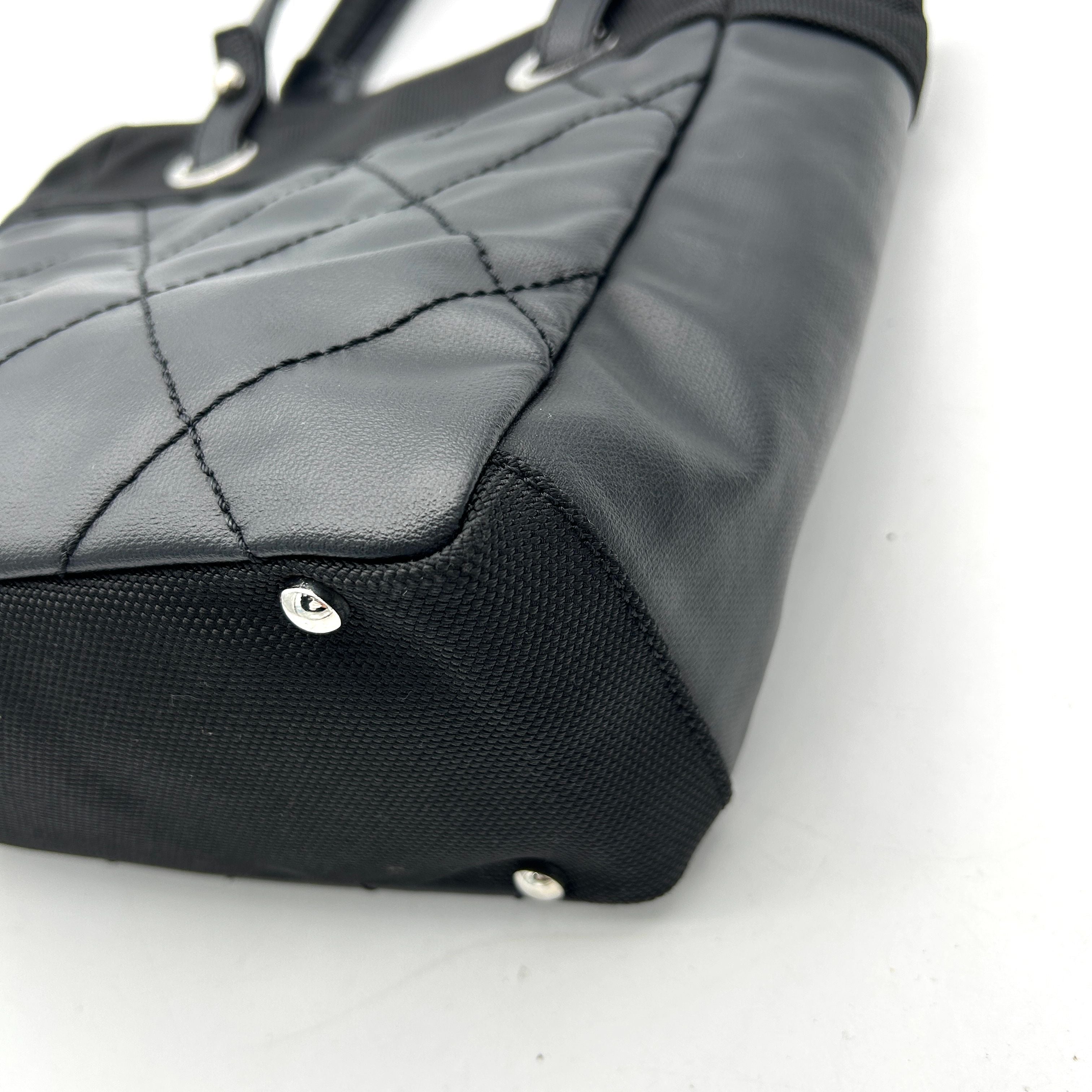 CHANEL Coated Canvas Leather Quilted Small Paris Biarritz Tote Black LA2976