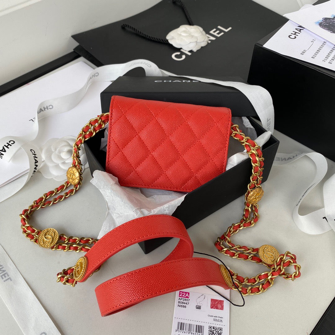 CHL Clutch With Chain Gold Hardware Grained Shinny Red For Women, Women’s Handbags, Shoulder Bags 4.7in/12cm AP2857