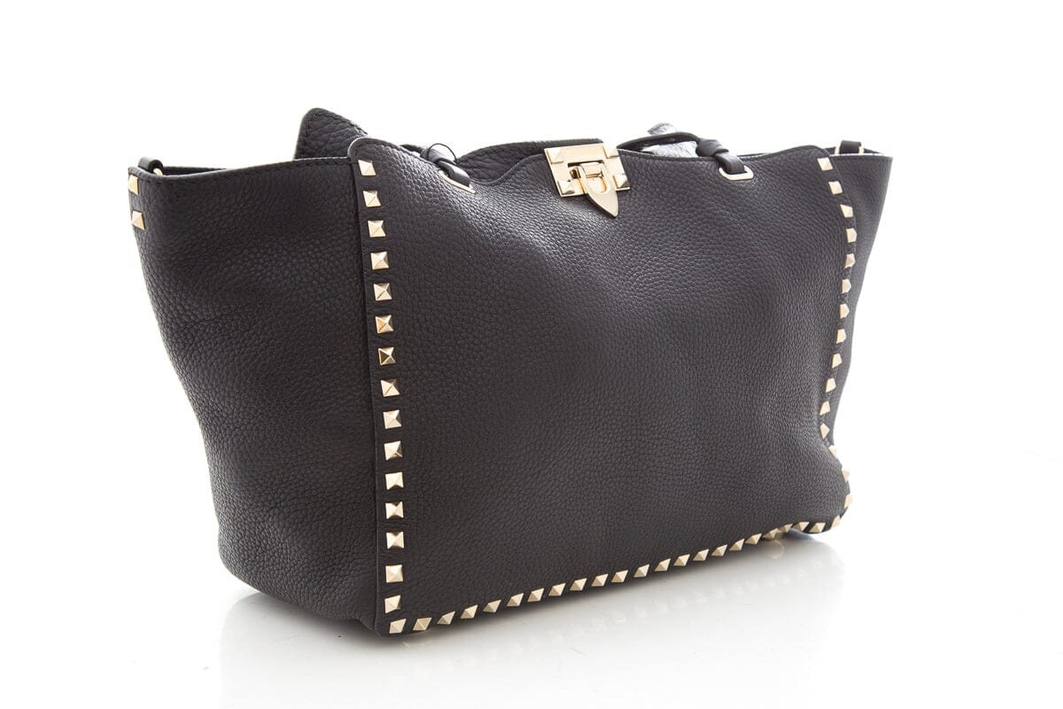 Valentino Black Leather Rockstud Tote Handbag