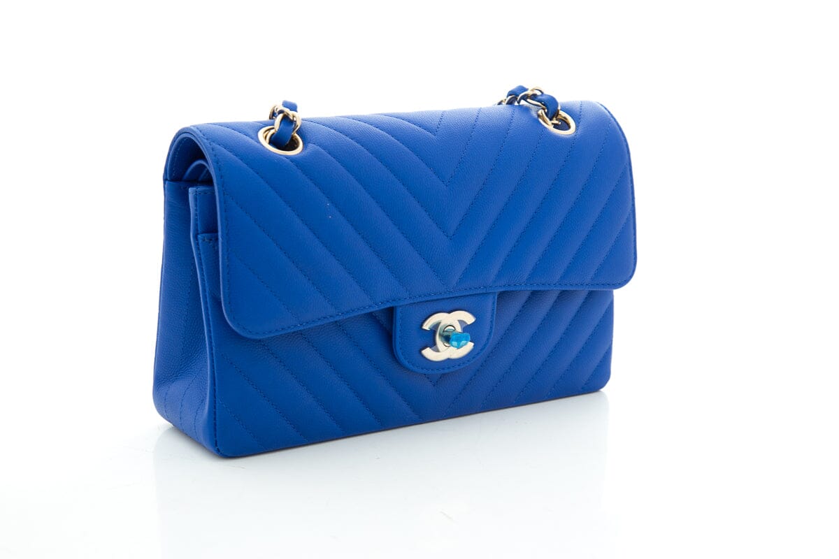Chanel Electric Blue Matte Caviar Chevron Small Flap CGHW Handbag