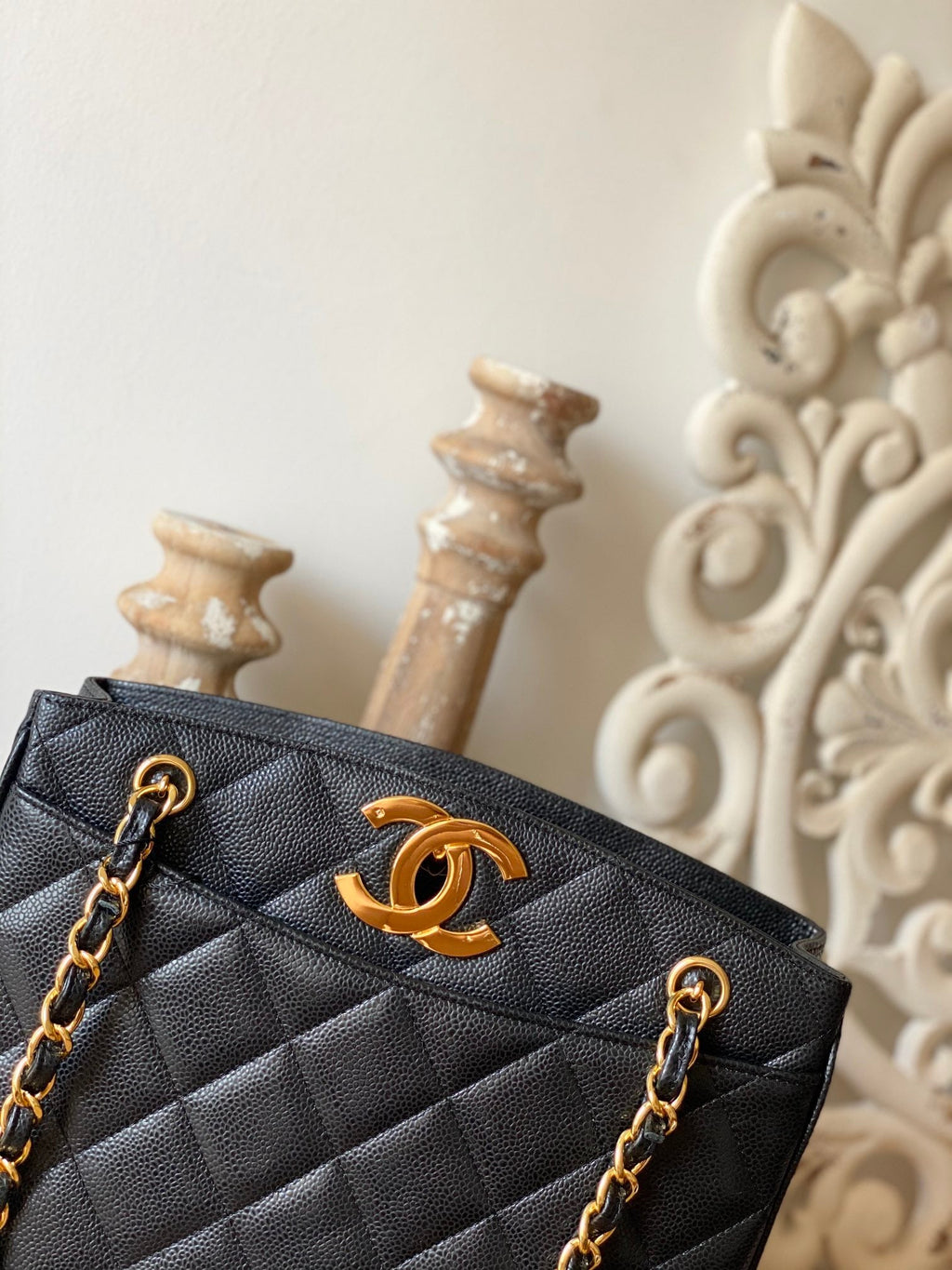 CHLVintage Black Medium Quilted Caviar Tote Bag For Women 28cm/11in