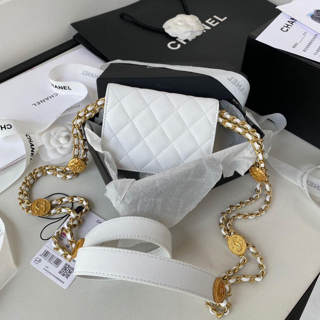 CHL Clutch With Chain Gold Hardware Grained Shinny White For Women, Women’s Handbags, Shoulder Bags 4.7in/12cm AP2857