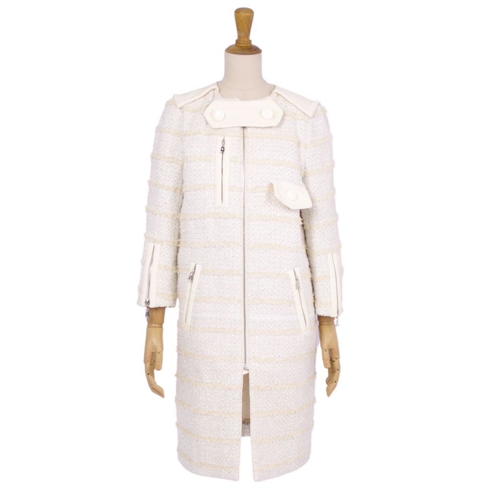 Louis Vuitton Long-coat Tweed Zip-up Out  French made 34 (S equivalent) White