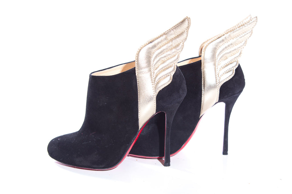 Christian Louboutin Black Suede & Gold Wing Heels SZ 36