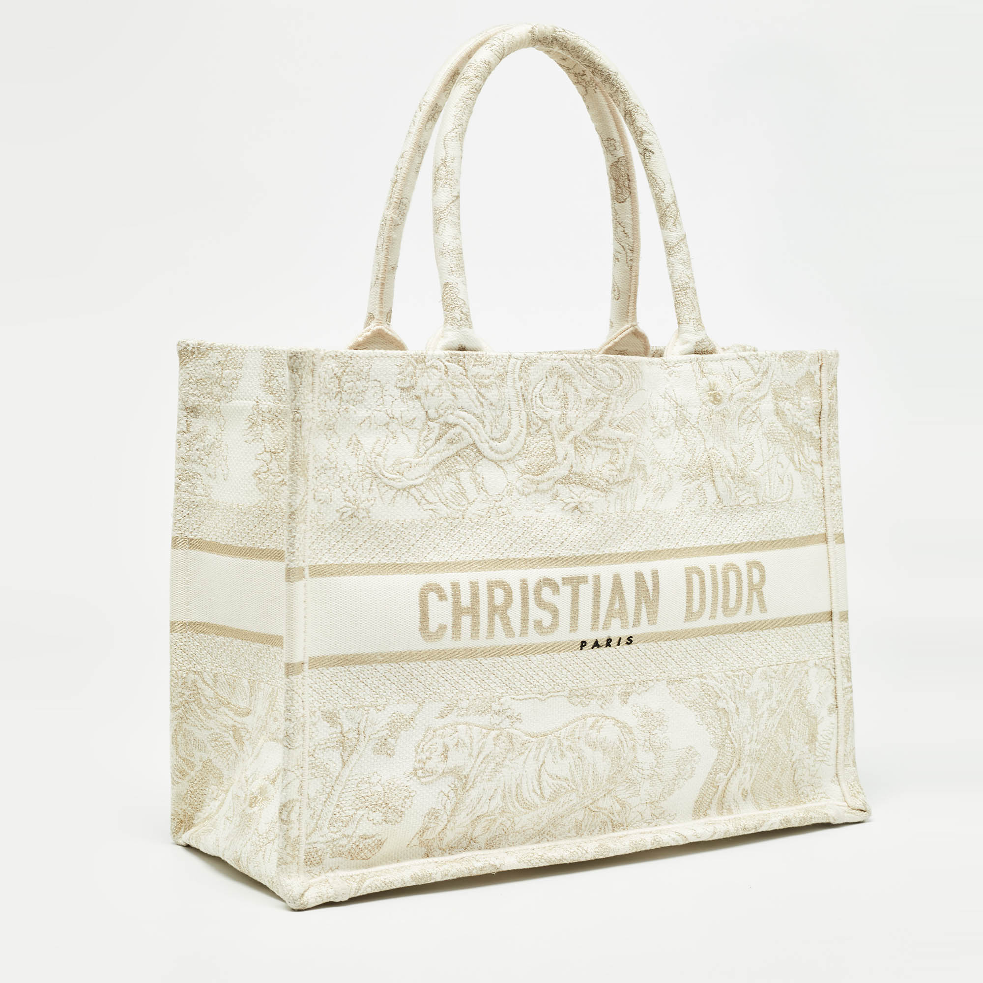 Dior /white Toile De Jouy Embroidered Canvas Medium Book Tote