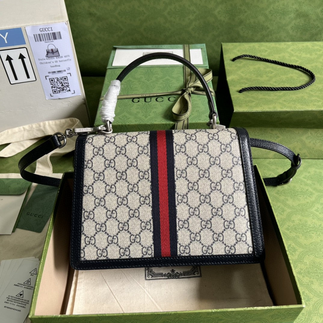 gg Ophidia Small Top Handle Bag Beige And Blue gg Supreme Canvas  For Women 10in/25cm 651055 96IWN 4076