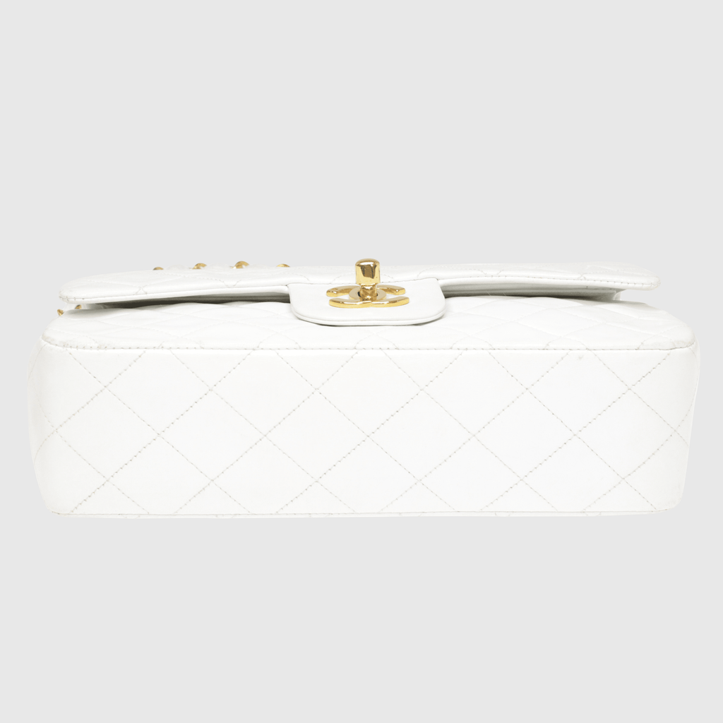 White Vintage Quilted Classic Medium Double Flap Bag w Gold Hardware