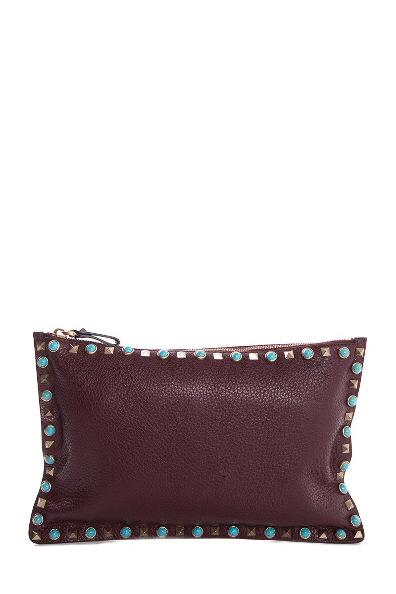 Valentino Plum Leather Rockstud Turquoise Accent Clutch