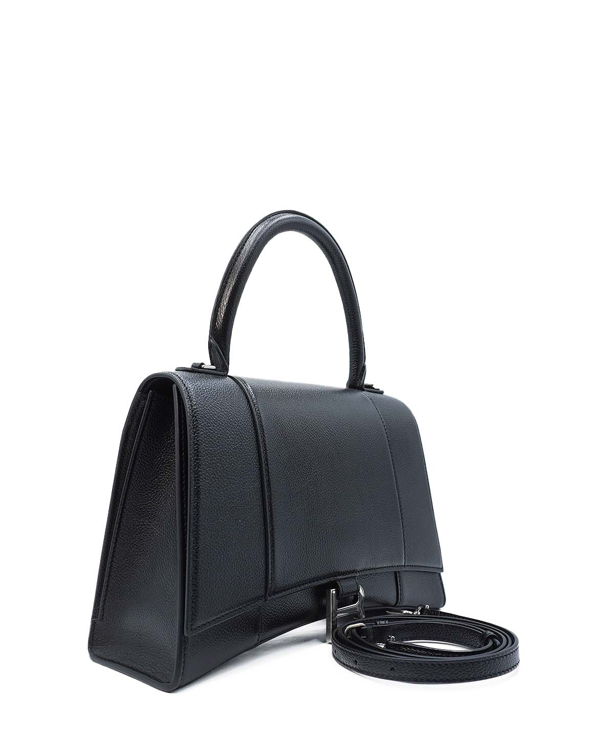 Grained Calfskin Hourglass Medium Top Handle Bag Black
