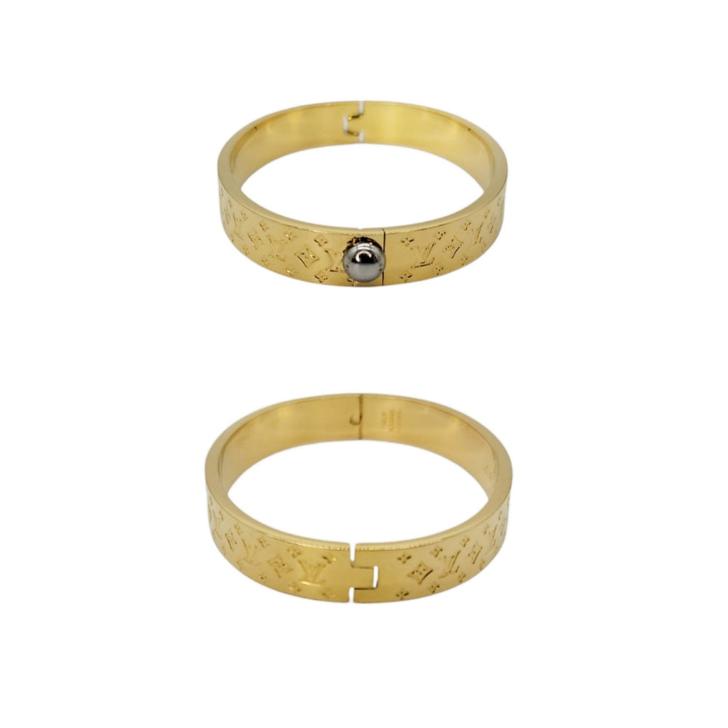 Louis Vuitton Gold Nanogram Hinged Cuff Bracelet Sz 6.5