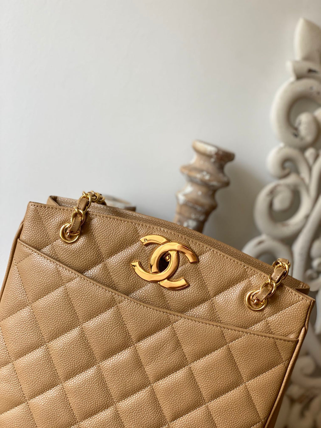 CHLVintage Beige Large Quilted Caviar Tote Bag For Women 28cm/11in