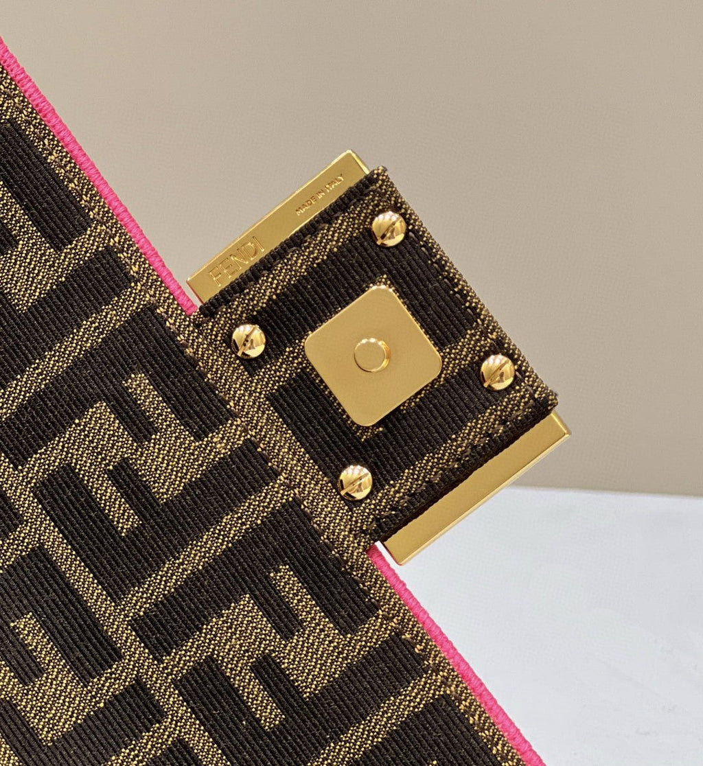 FI Baguette Small Brown Fabric Pink Border Bag For Woman 18cm/7in