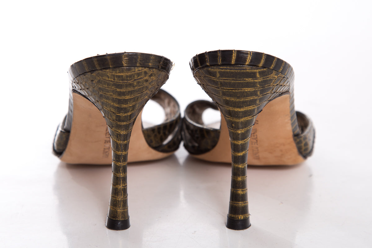 Manolo Blahnik Olive Embossed Exotic Leather Mules SZ 39