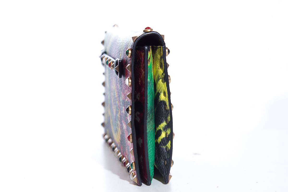 Valentino Pebbled Calfskin Tie-Dye Rockstud Rolling Wristlet Clutch