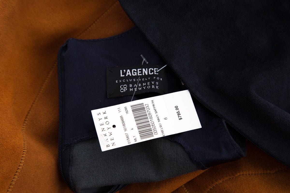 L'agence Sleeveless Navy & Brown Suede Dress SZ 6 NWT