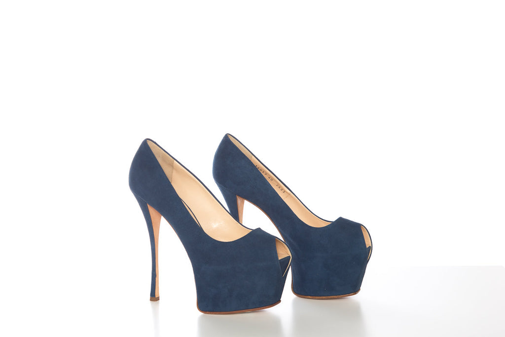Guiseppe Zanotti Dark Blue Suede Peep Toe Platforms SZ 40