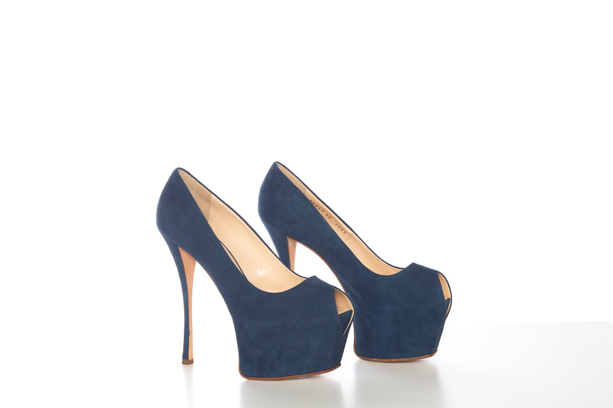 Guiseppe Zanotti Dark Blue Suede Peep Toe Platforms SZ 40