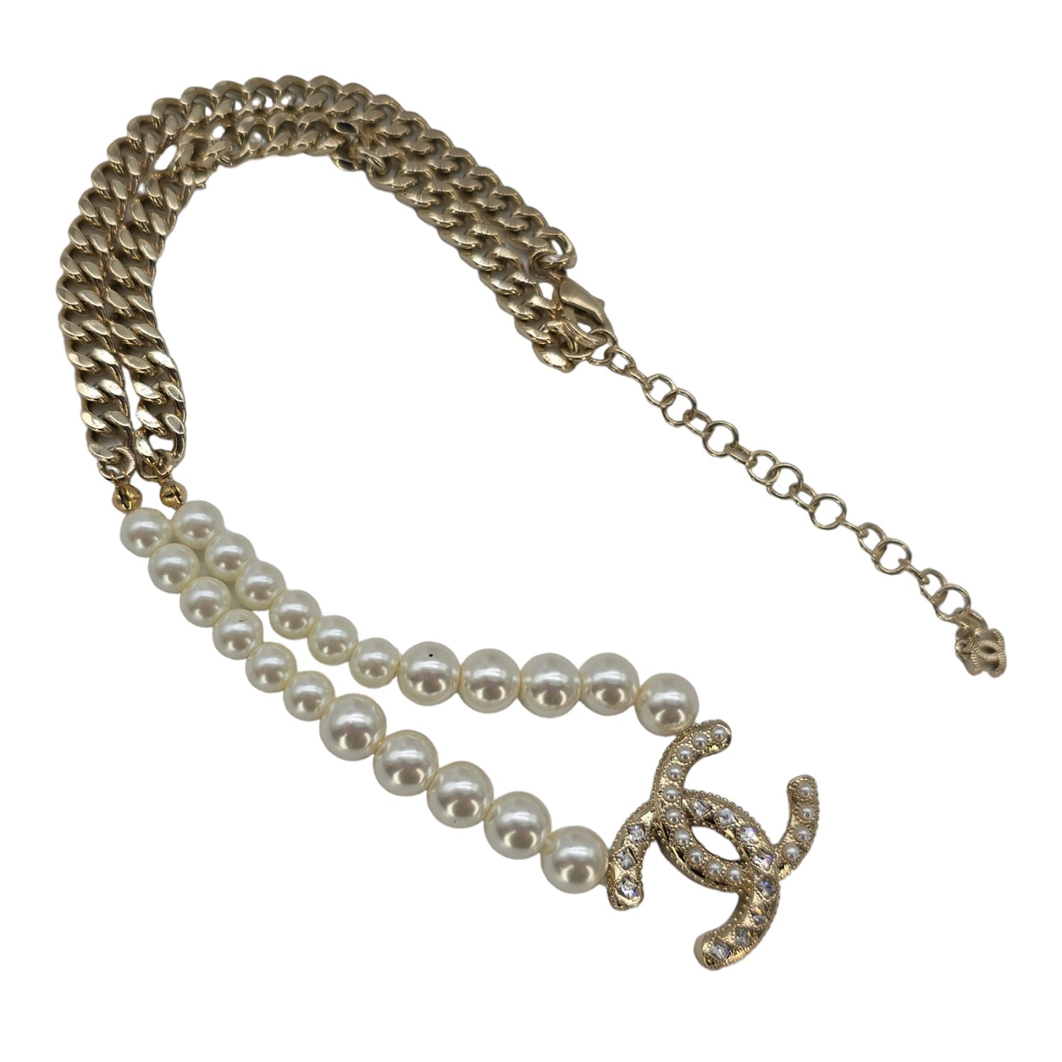 Chanel Faux Pearl and Crystal Baguette CC Necklace