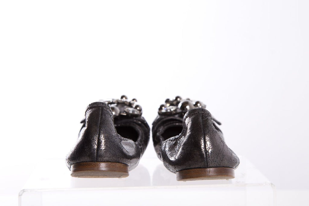 Miu Miu Metallic Grey Leather Crystal Embellishments Ballet Flats SZ 38.5