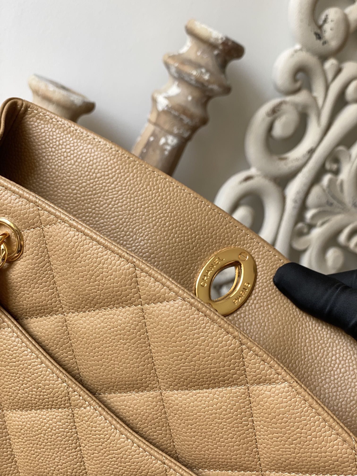 CHLVintage Beige Large Quilted Caviar Tote Bag For Women 28cm/11in