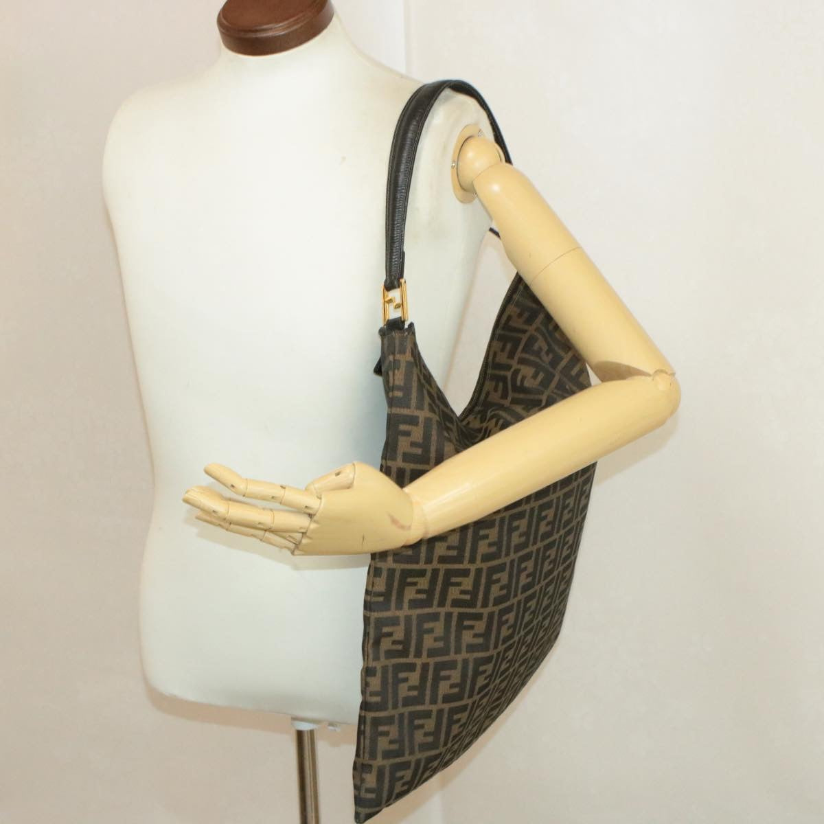 FENDI Zucchino Canvas Shoulder Bag Black Brown am152b