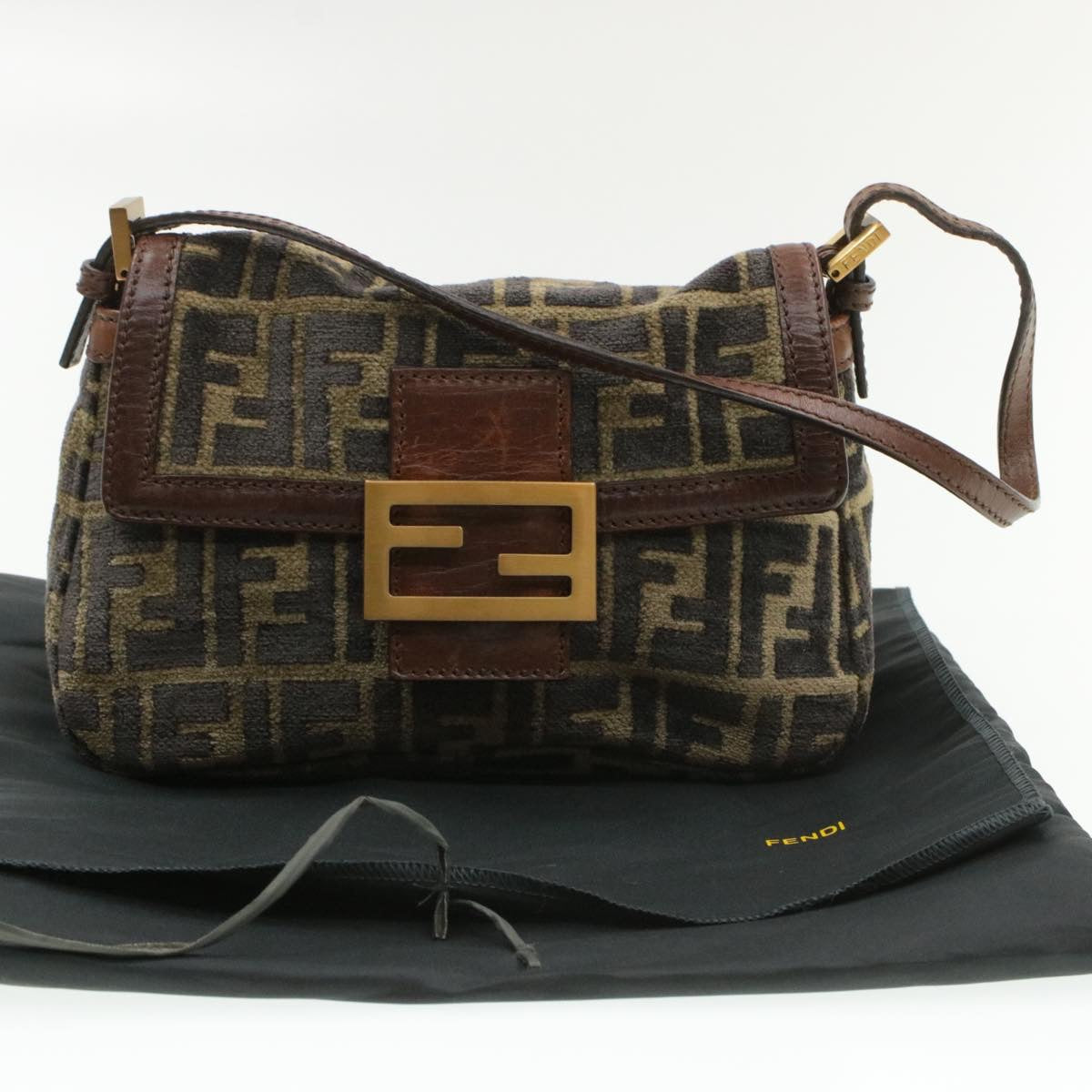 FENDI Mamma Baguette Zucca Canvas Shoulder Bag freeze Black Brown am154b