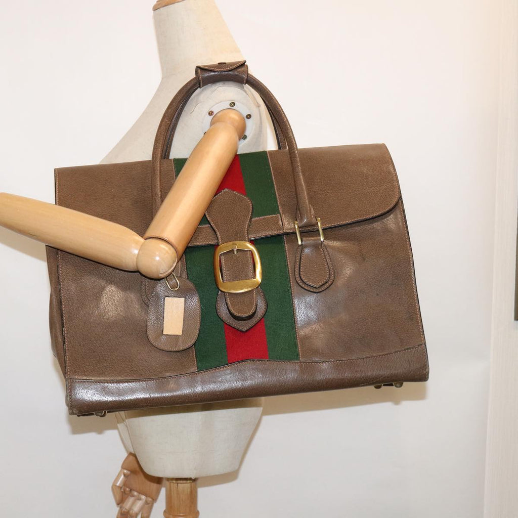 GUCCI Web Sherry Line Shoulder Bag Leather Brown Red Green bs10171