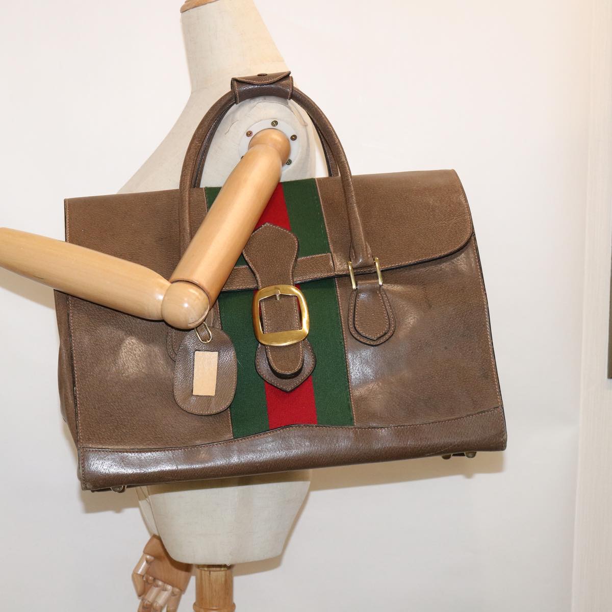 GUCCI Web Sherry Line Shoulder Bag Leather Brown Red Green bs10171