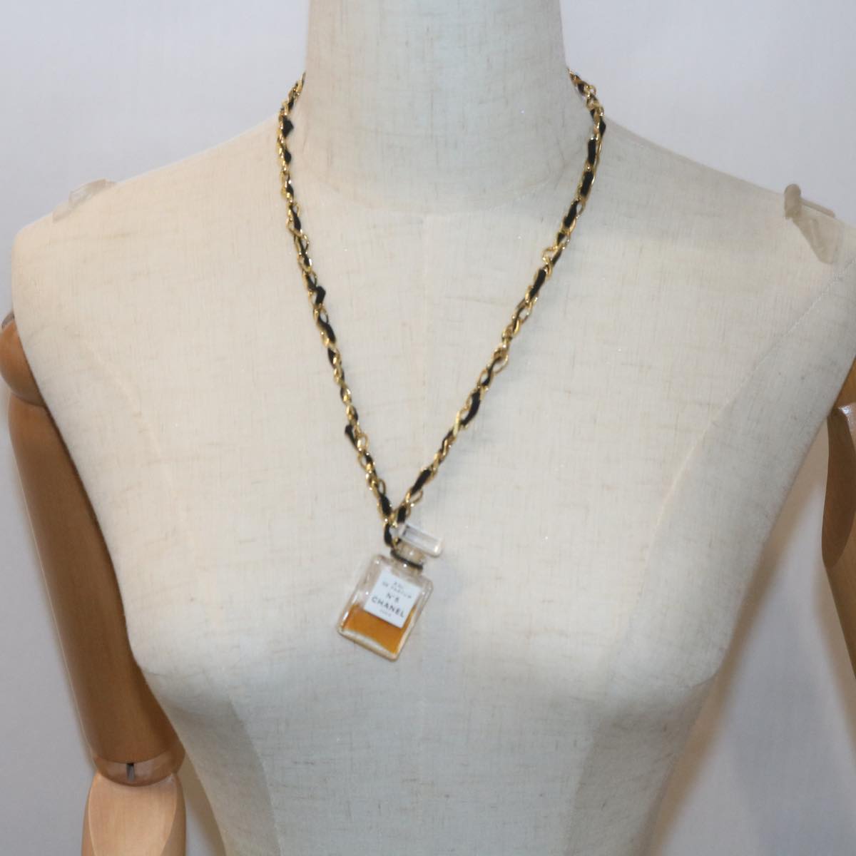 CHANEL Perfume N°5 Chain Necklace Clear Gold Tone CC bs10372