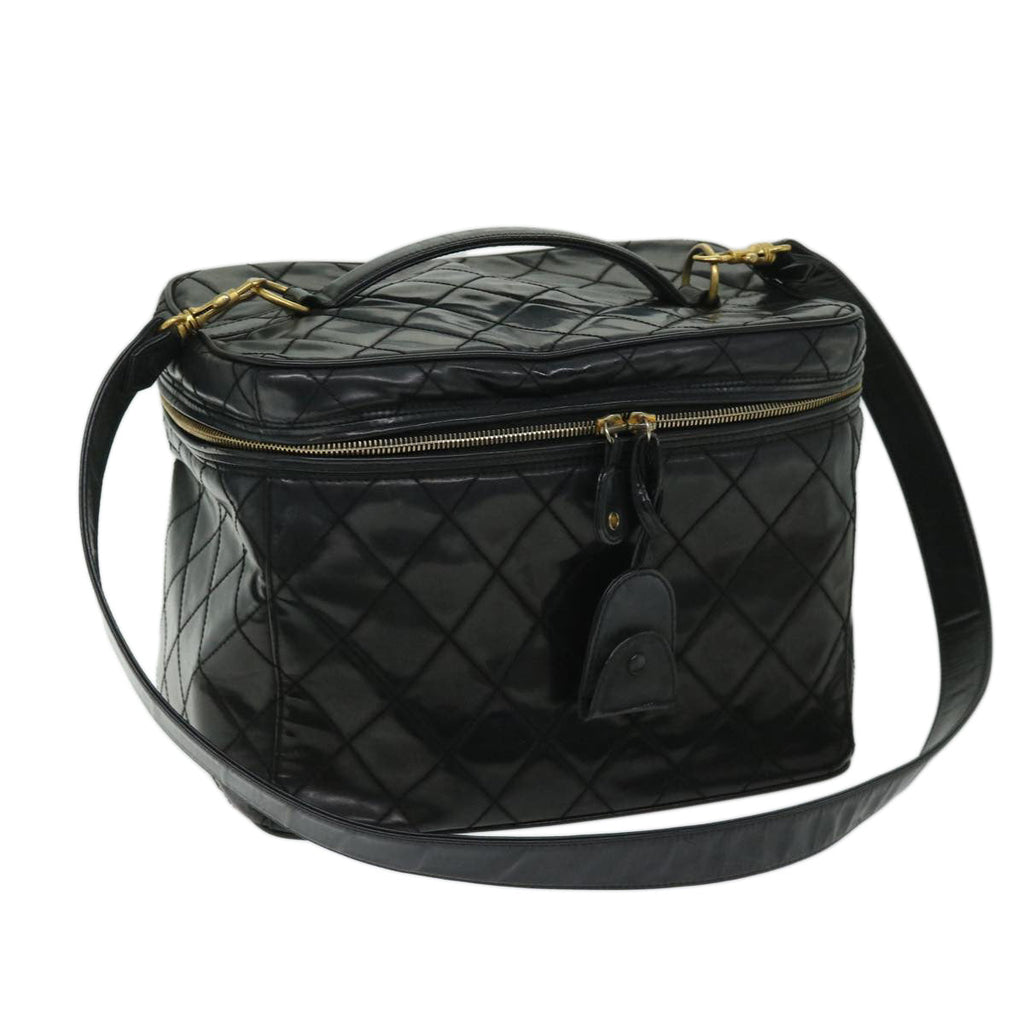 CHANEL Vanity Cosmetic Pouch Patent leather 2way Black CC bs11283