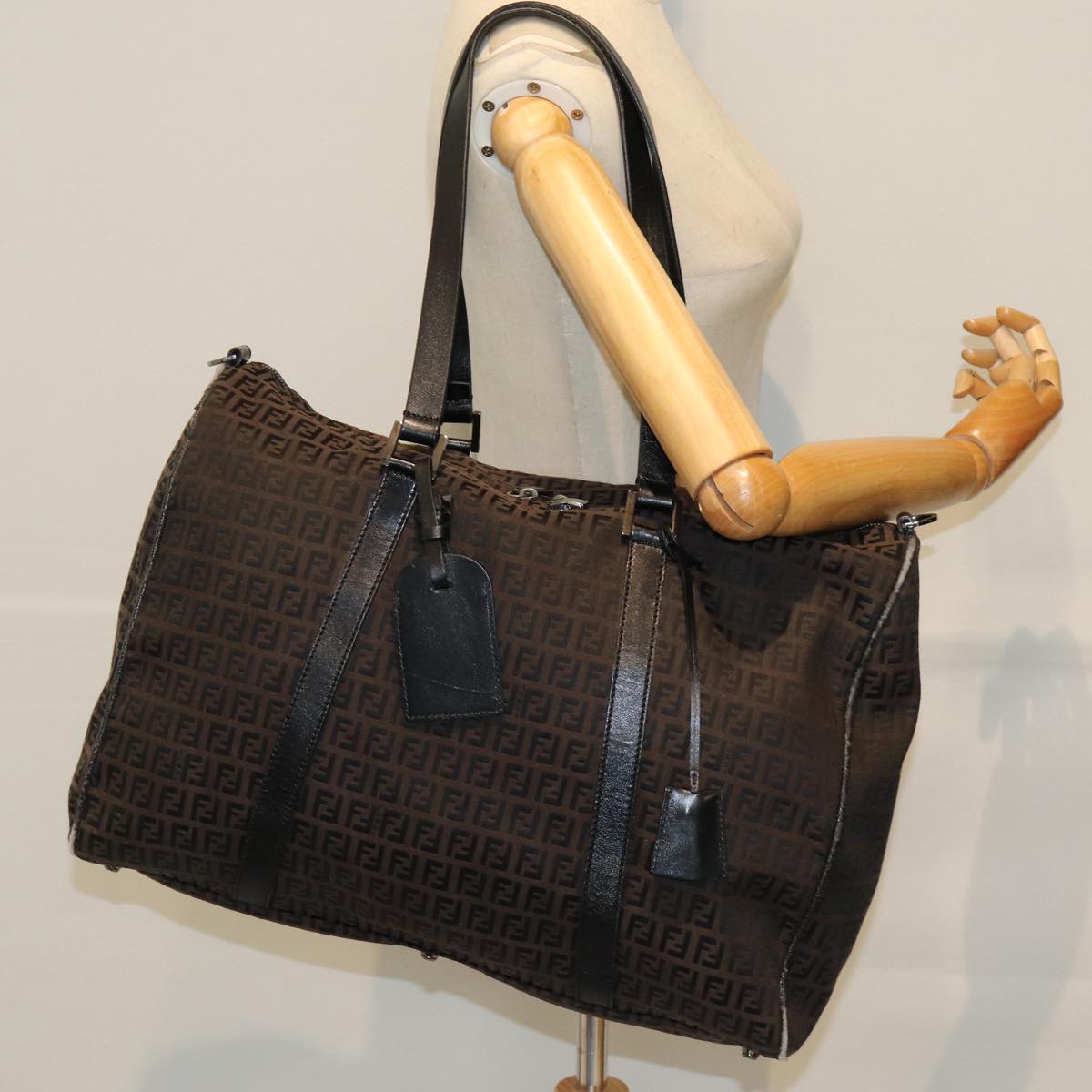 FENDI Zucchino Canvas Boston Bag Brown Black bs14074