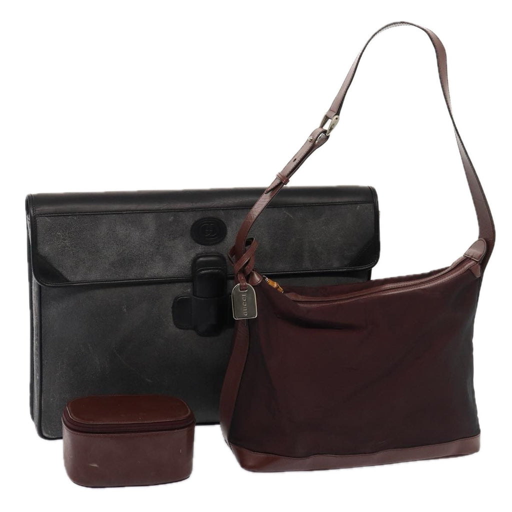 GUCCI Pouch Shoulder Bag Leather 3Set Gray Brown bs14614