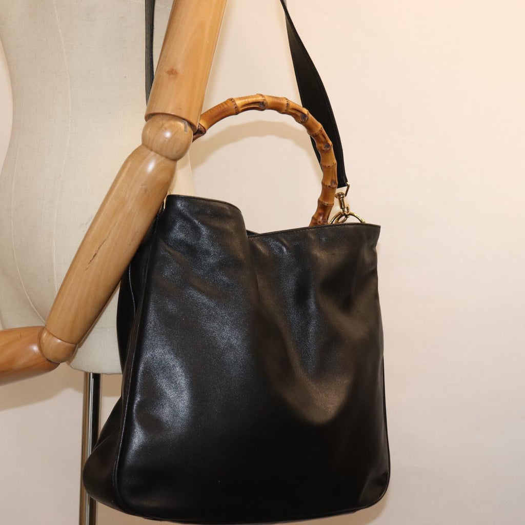 GUCCI Bamboo Hand Bag Leather 2way Black 001 1577 bs14679