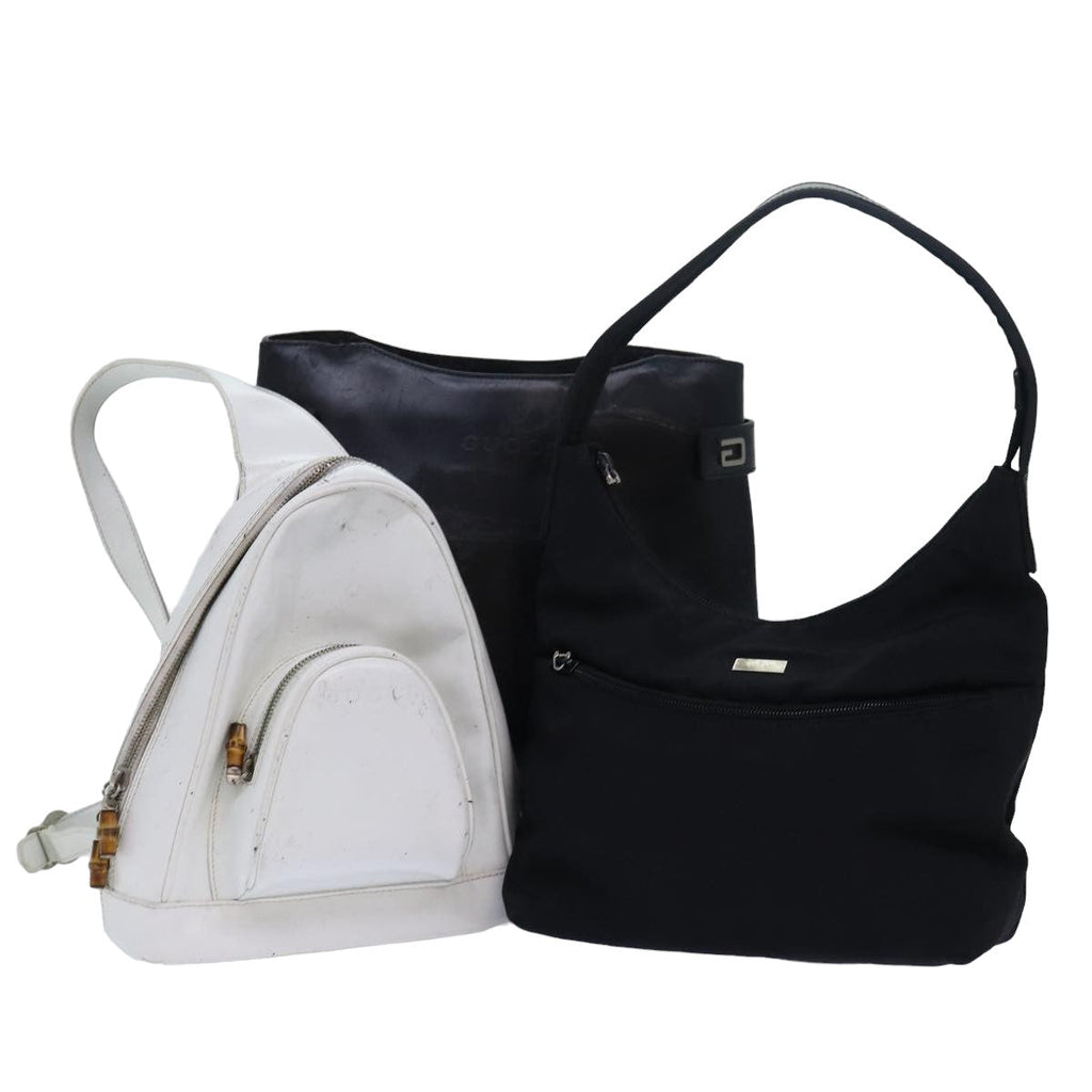 GUCCI Bamboo Shoulder Bag Nylon Leather 3Set Black White bs14881