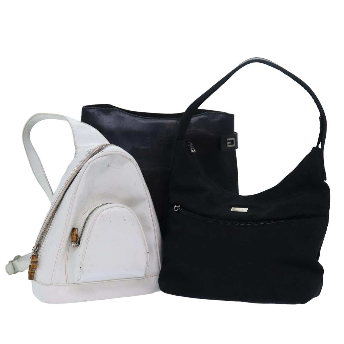 GUCCI Bamboo Shoulder Bag Nylon Leather 3Set Black White bs14881