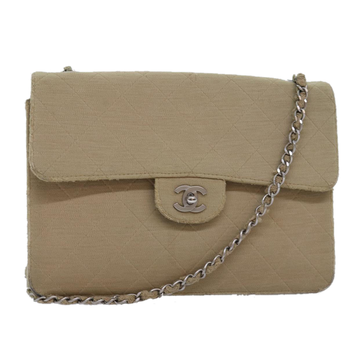 CHANEL Matelasse Turn Lock Chain Shoulder Bag Cotton Beige CC bs15107