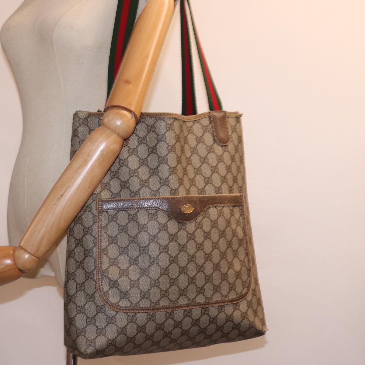 GUCCI GG Supreme Web Sherry Line Tote Bag PVC Black Red 39 02 003 bs15254