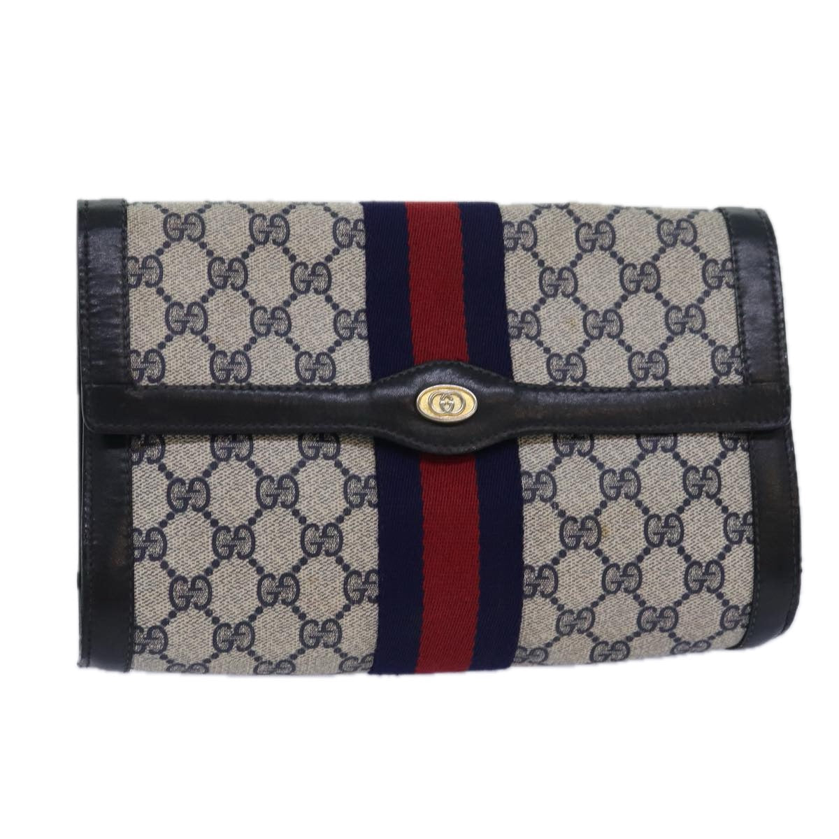 GUCCI GG Supreme Sherry Line Clutch Bag PVC Navy Red 010 378 bs15615