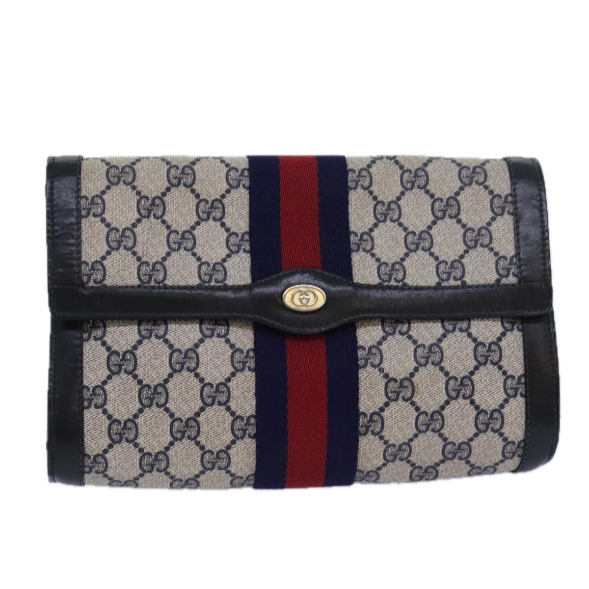 GUCCI GG Supreme Sherry Line Clutch Bag PVC Navy Red 010 378 bs15615