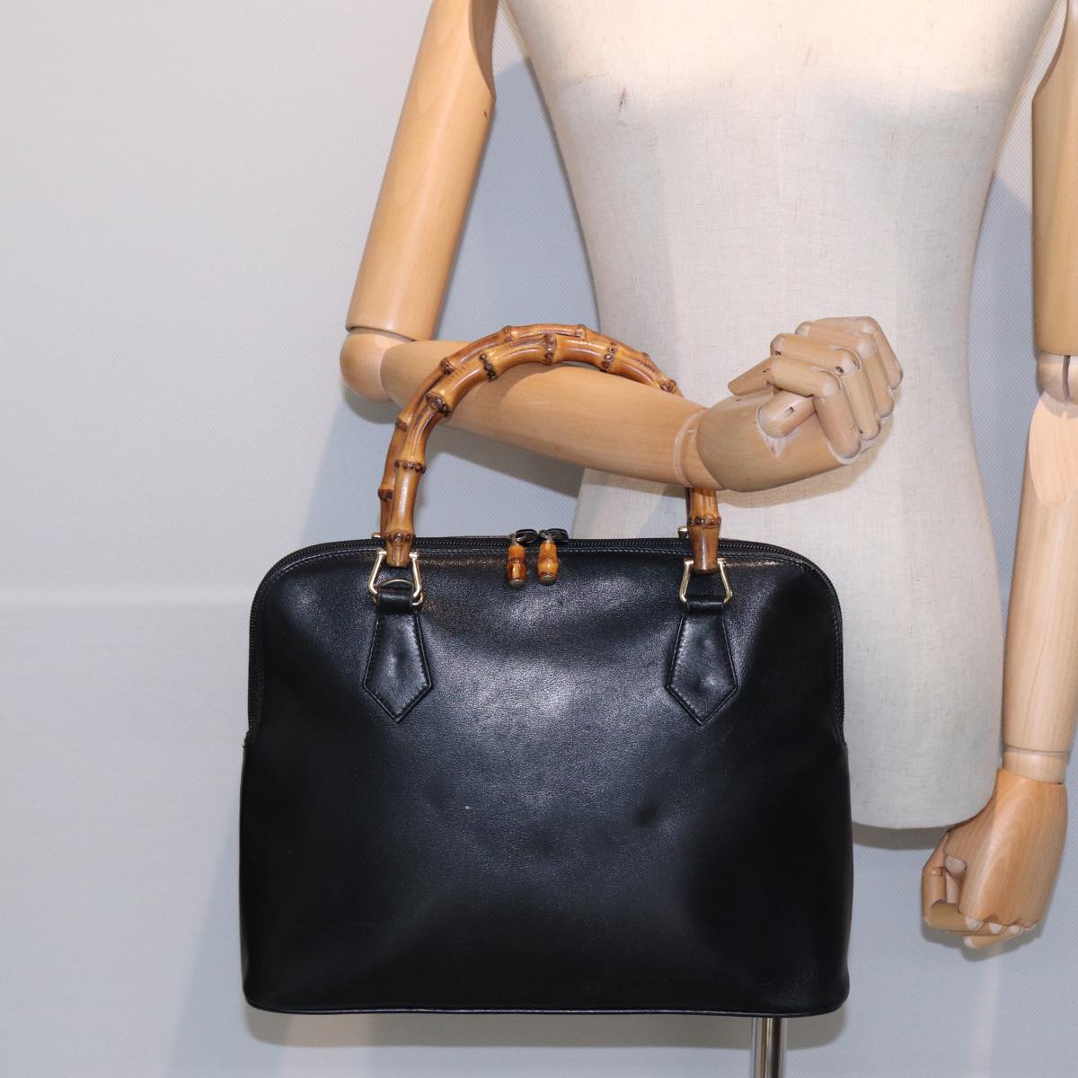 GUCCI Bamboo Hand Bag Leather Black bs16038