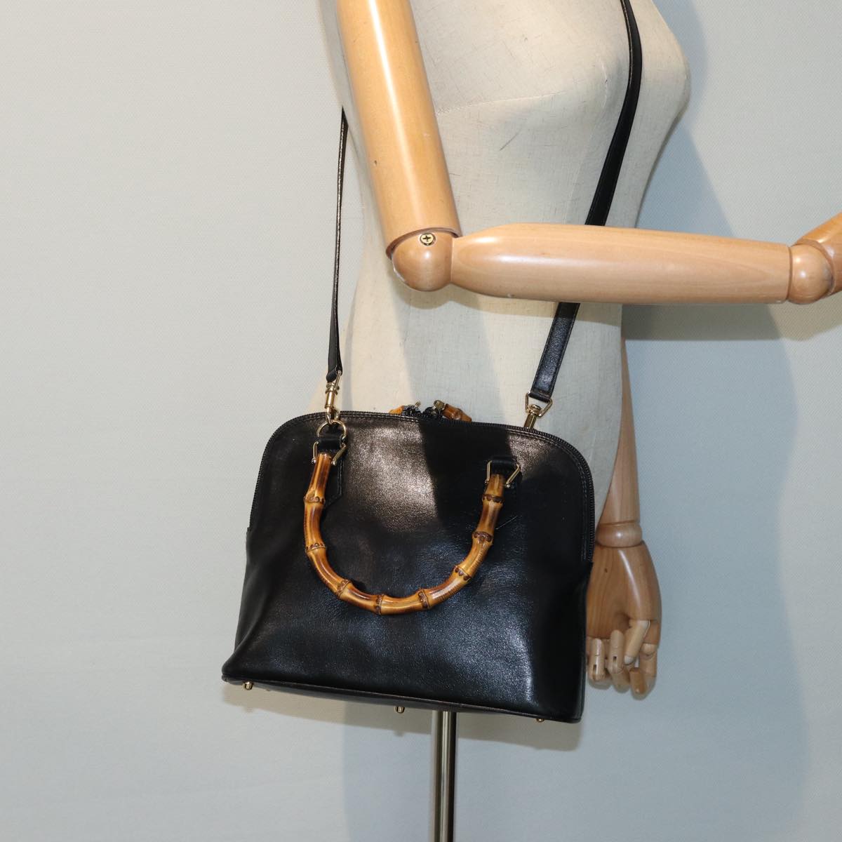 GUCCI Bamboo Hand Bag Leather 2way Black 000 2122 0290 bs16039