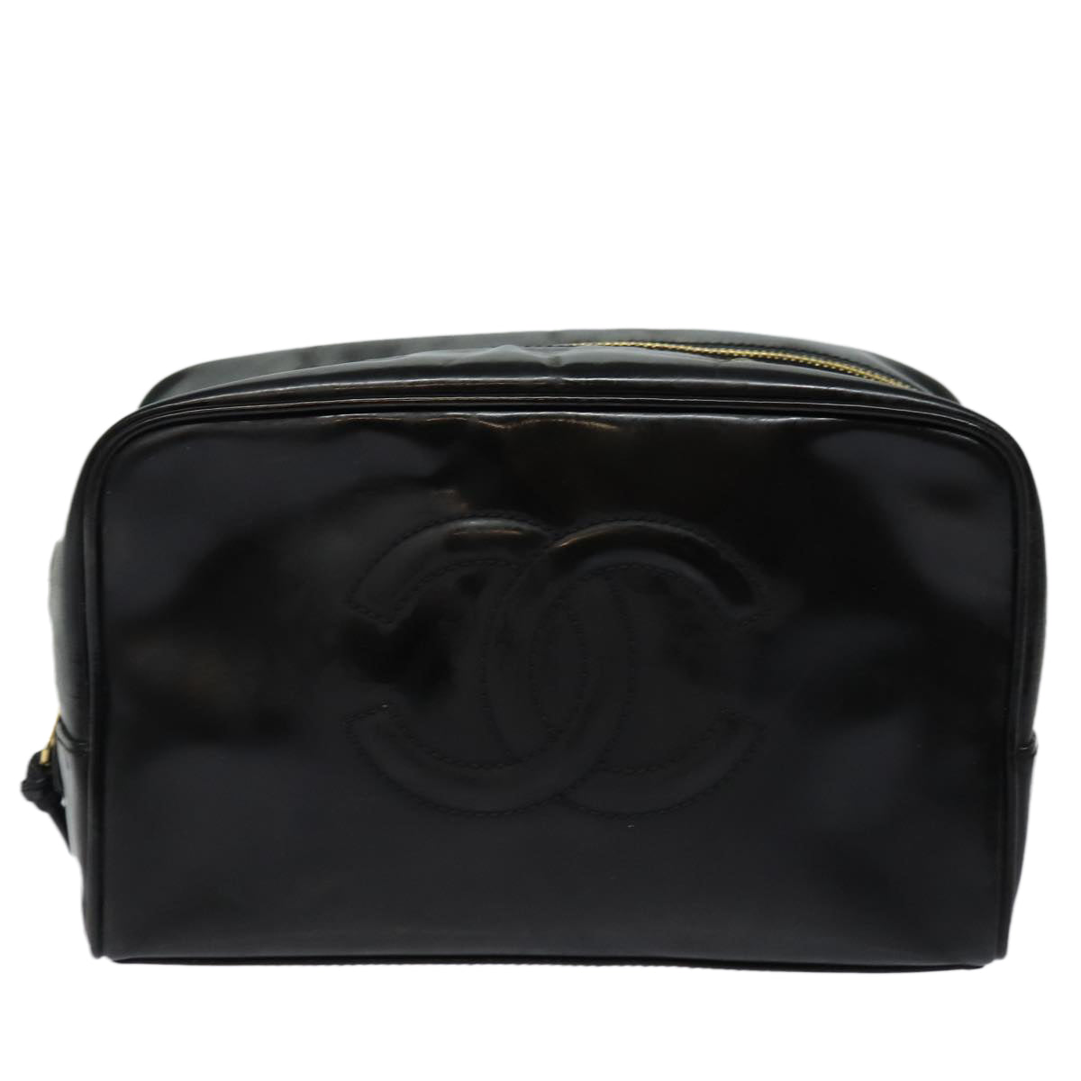CHANEL COCO Mark Vanity Cosmetic Pouch Enamel Black Gold CC bs16594