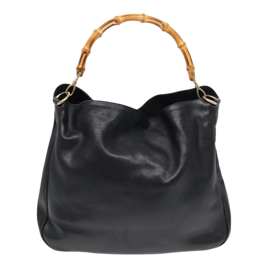 GUCCI Bamboo Hand Bag Leather 2way Black Gold 001 1577 bs16717