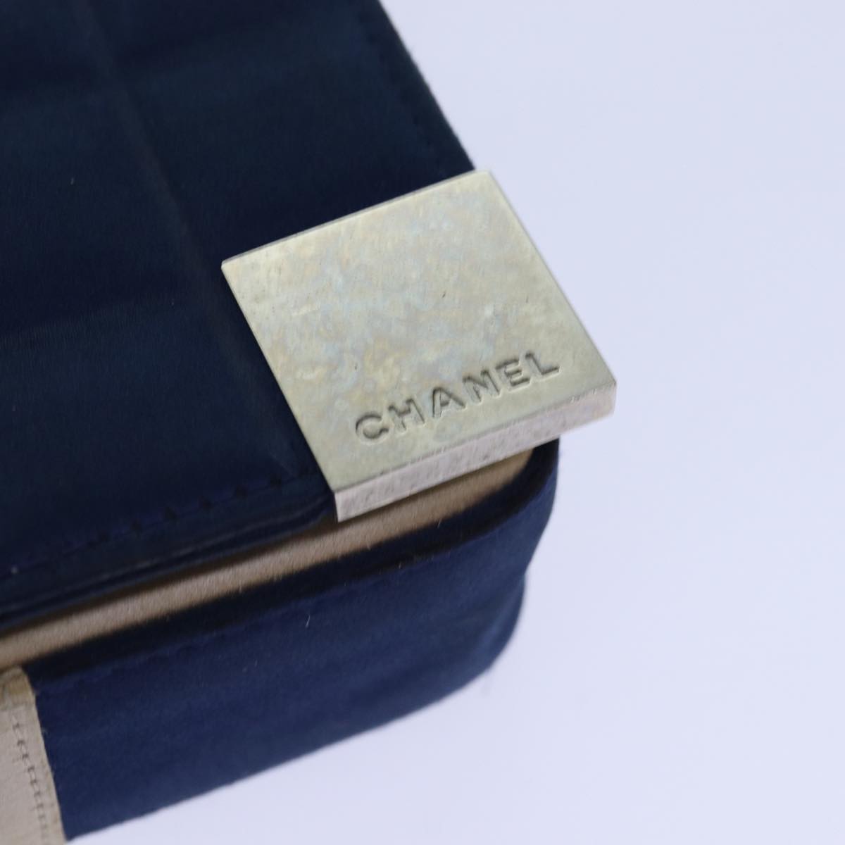 CHANEL Choco Bar Chain Hand Bag Satin Beige Navy CC bs16725