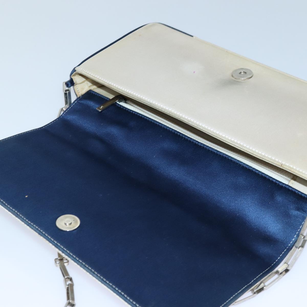 CHANEL Choco Bar Chain Hand Bag Satin Beige Navy CC bs16725