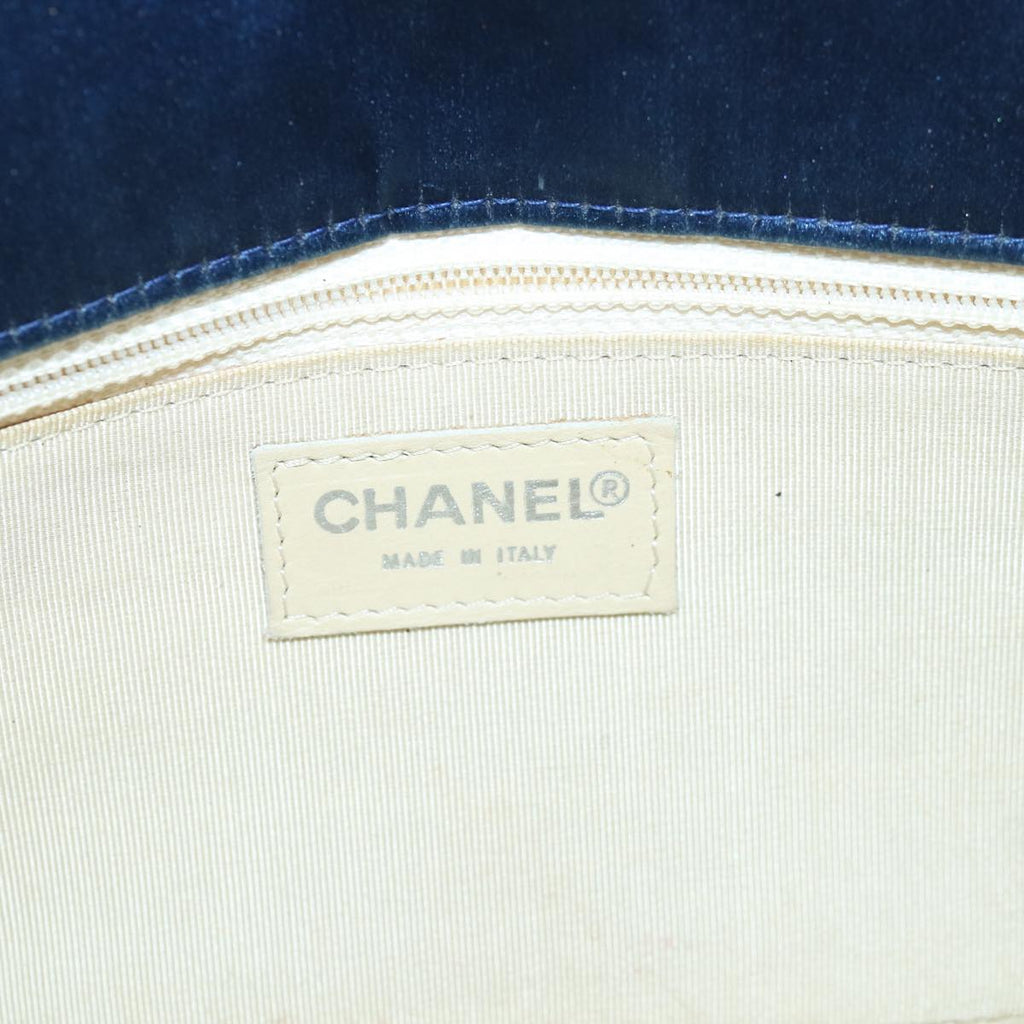 CHANEL Choco Bar Chain Hand Bag Satin Beige Navy CC bs16725