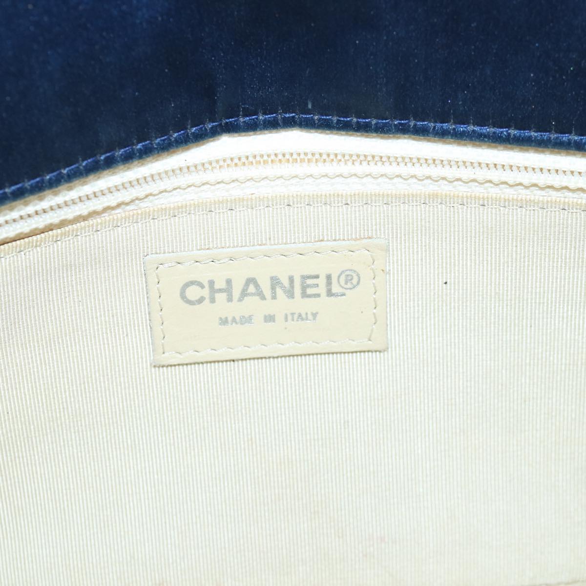 CHANEL Choco Bar Chain Hand Bag Satin Beige Navy CC bs16725