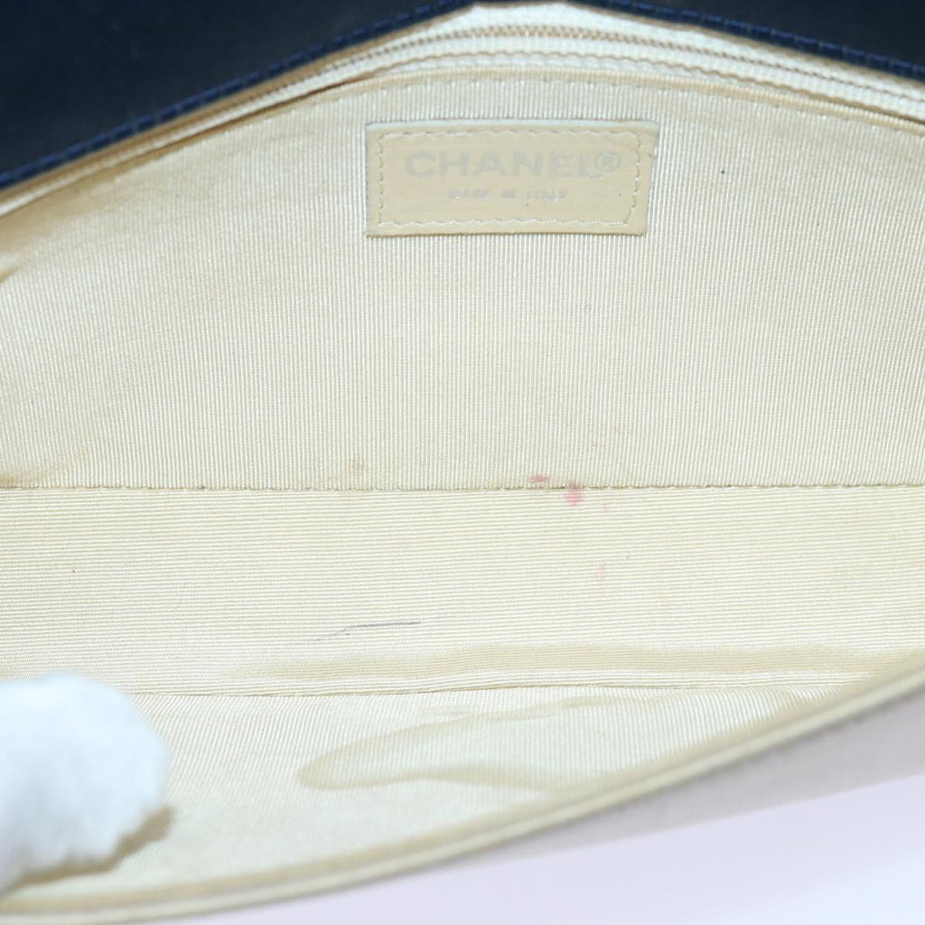 CHANEL Choco Bar Chain Hand Bag Satin Beige Navy CC bs16725