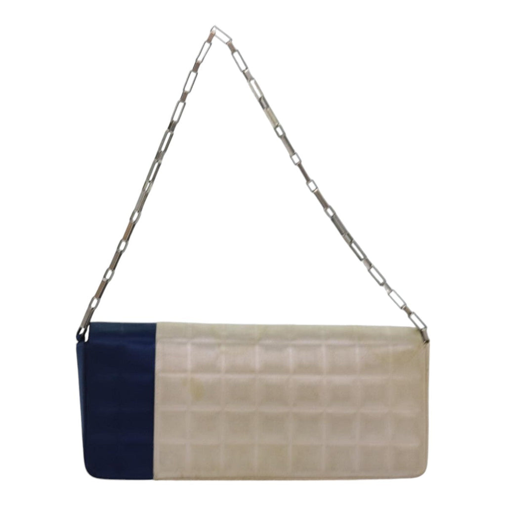 CHANEL Choco Bar Chain Hand Bag Satin Beige Navy CC bs16725